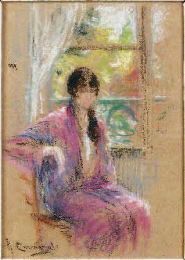 Alexei Stepanovich STEPANOV (1858-1923) Jeune femme devant sa fenêtre Pastel, signé...