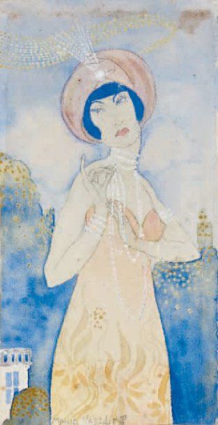 Marie VASSILIEFF (1884-1957) Élégante au collier de perles Technique mixte, signée...