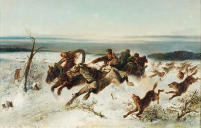 Nikolai Egorovich SVERCHVKOV (1817-1898) Le traîneau attaqué par une meute de loups...