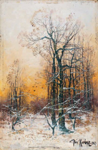 Attribué à Julius KLEVER (1850-1924) Paysage de neige au coucher du soleil Huile...