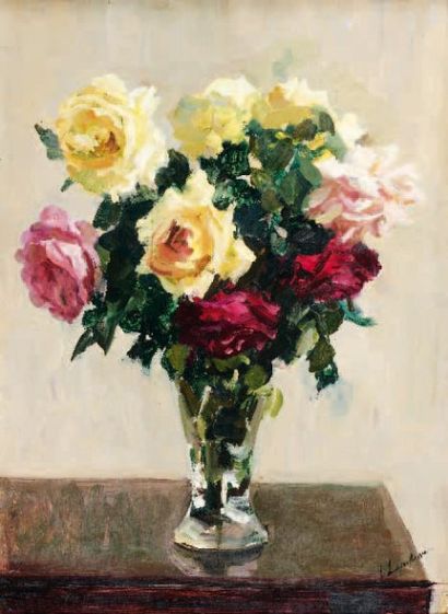 Georges LAPCHINE (1885-1951) Bouquet de roses Huile sur isorel, signée en bas à droite...