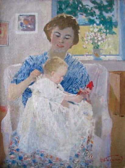 Nicolaï Nickolaevitch BASKAROV (1918-1993) Mère et enfant, circa 1971 Huile sur toile,...