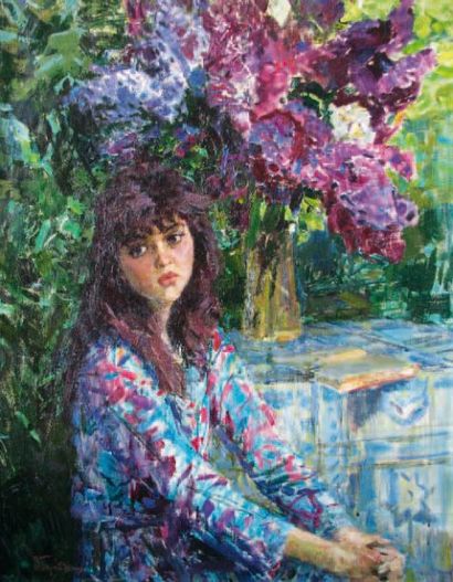 Valentin BERNADSKY (né en 1917) Jeune fille au jardin, circa 1970 Huile sur toile,...