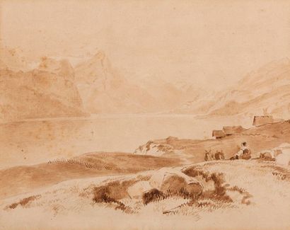 ECOLE FRANCAISE DU XIXème siècle 
Paysage de montagne au lac 
Plume et encre brune,...