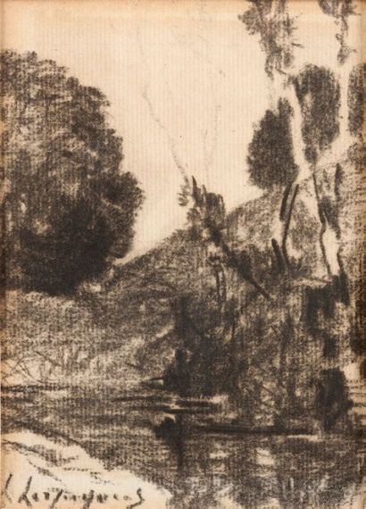 Henri-Joseph HARPIGNIES (1819-1916) 
Paysage 
Dessin au crayon noir 
Signé en bas...
