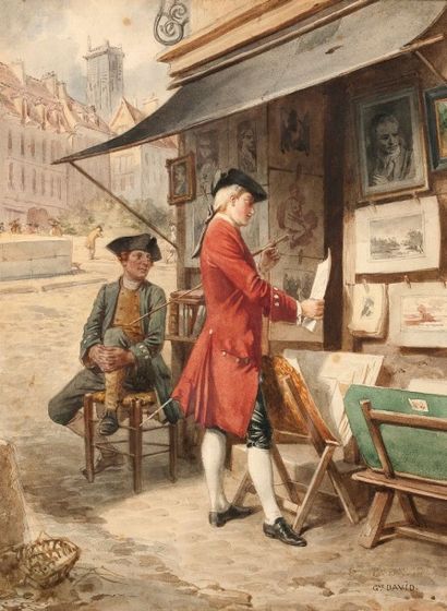 Gustave DAVID (1824-1891) 
- Le bouquiniste 
- Le marchand de gravures 
Paire d'aquarelles...
