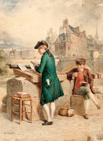 Gustave DAVID (1824-1891) 
- Le bouquiniste 
- Le marchand de gravures 
Paire d'aquarelles...