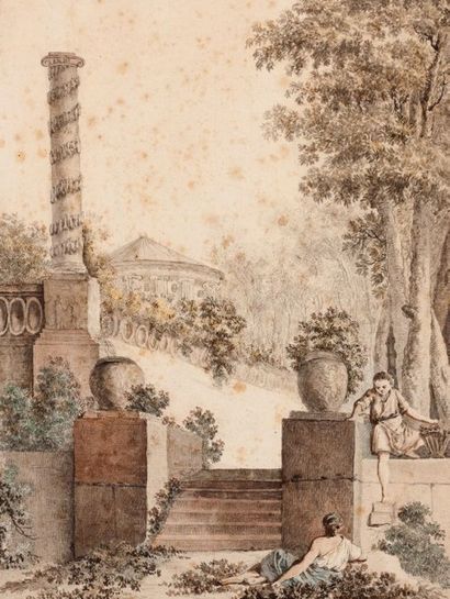 Ecole Française du XVIIIème siècle 
Couple près des escaliers d'un jardin avec une...