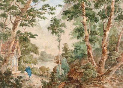 ECOLE FRANCAISE DU XIXème siècle 
Paire de paysages: 
- Paysage avec couple de bergers...