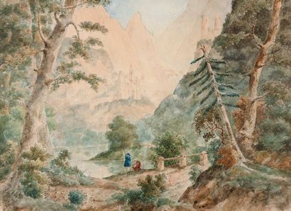 ECOLE FRANCAISE DU XIXème siècle 
Paire de paysages: 
- Paysage avec couple de bergers...