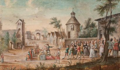 Ecole Française du XVIIIème siècle 
Le cortège de mariage du seigneur local traversant...