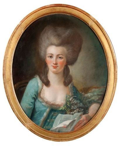 Ecole française fin XVIIIème siècle 
Portrait de jeune femme portant une lettre 
Pastel...