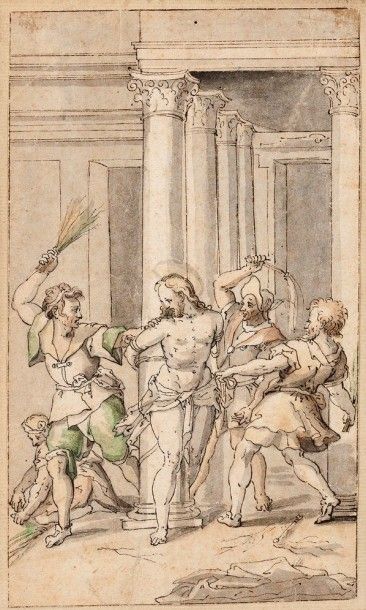 Ecole Allemande XVIIème siècle 
La flagellation du Christ 
Plume et aquarelle 
21...