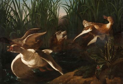 Nicasius BERNAERTS (1620-1678) 
La chasse aux canards
Huile sur toile monogrammée...