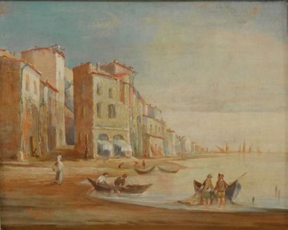 Ecole du XIXème siècle 
Port de méditerannée
Huile sur panneau, signée en bas à gauche
21...