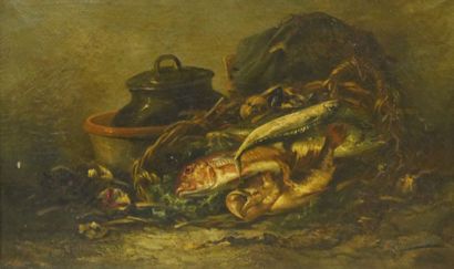 ECOLE FRANCAISE DU XIXème siècle 
Nature morte à la corbeille de poissons
Huile sur...