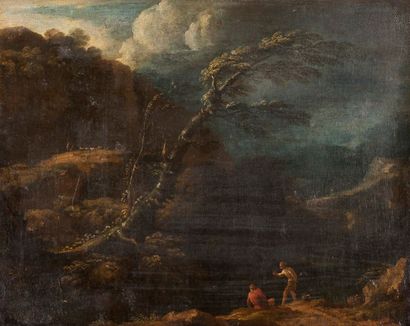 Ecole ITALIENNE vers 1780 
Deux pêcheurs au bord d'un torrent sous un ciel d'orage
Huile...