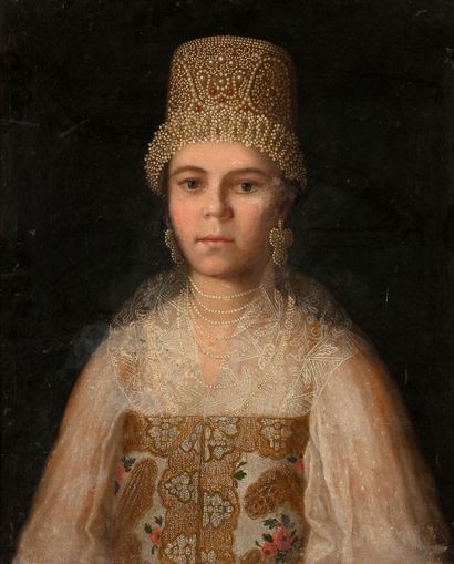 Ecole RUSSE du XVIIIème siècle 
Portrait de jeune fille en costume traditionnel 
Toile...