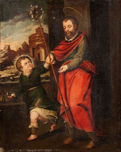 École ESPAGNOLE vers 1600 
Saint Joseph et l'Enfant 
Toile 
77 x 62,5 cm 
Sans cadre...