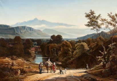 Ecole SUISSE du début du XIXème siècle 
Paysage de montagnes avec des voyageurs sur...
