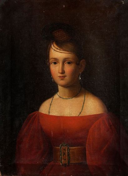 161506/25 Ecole russe vers 1830 
Portrait de jeune fille à la robe rouge 
Toile (accident...
