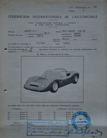 Abarth 1000 SP Fiche d'homologation originale délivrée par la Fédération
Internationale...