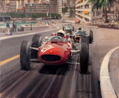 MICHAEL TURNER (1934) 
Huile sur toile représentant une formule 1 Ferrari au Grand-prix...