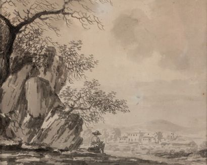 Ecole française fin du XVIIIème siècle 
Paysage avec rochers à gauche et personnage...