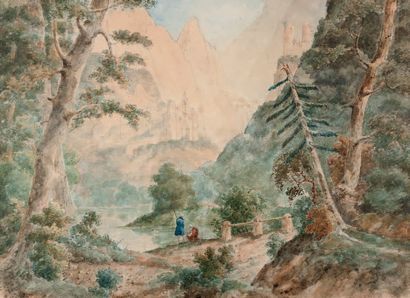 ECOLE FRANCAISE DU XIXème siècle 
Paire de paysages:
- Paysage avec couple de bergers...