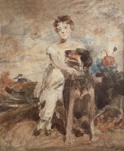 Attribué à William OWEN (Ludlow, 1769 -Chelsea, 1825) 
Enfant avec chien
Aquarelle...