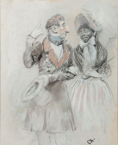 Edouard Jean Baptiste DETAILLE (1848-1912) 
Couple
Dessin au lavis
À vue 21 x 16.5...