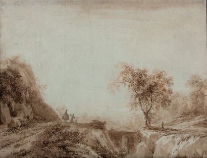 Ecole française fin du XVIIIème siècle 
Paysage avec pont
Crayon, plume, encre brune...