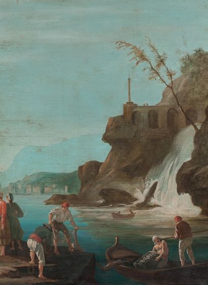 Ecole italienne vers 1800, suiveur de Carlo BONAVIA Pêcheurs près d'une cascade
Toile
102...