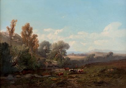 ECOLE FRANCAISE DU XIXème siècle 
Paysage avec des vaches
Sur sa toile d'origine...