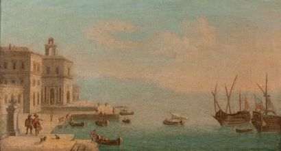 Attribué à Orazio GREVENBROECK (1670-1743) 
Paysage maritime bordé de palais
Toile...