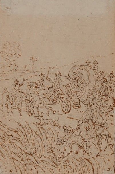 Philippe-Louis PARIZEAU 
Scène de chasse
Plume et encre brune
H. 9,3; L. 6 cm
Cadre...