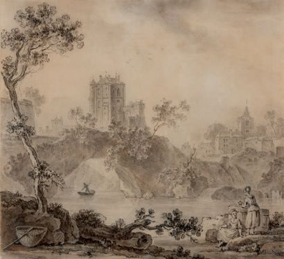 ECOLE FRANCAISE DU XIXème siècle 
Paysage fluvial avec château au fond
Paire de paysages
Plume,...