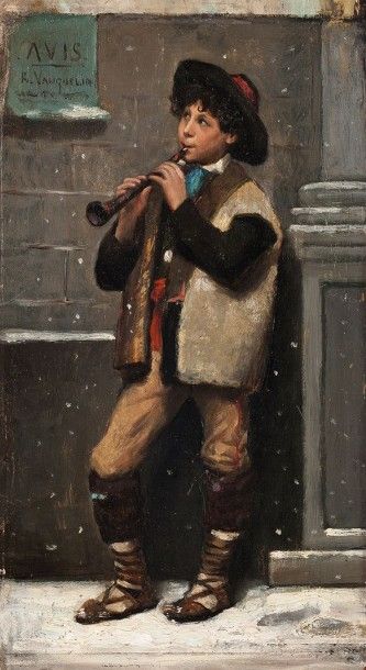 René VAUQUELIN (Né en 1854) 
Le joueur de flûte
Huile sur panneau, signée en haut...