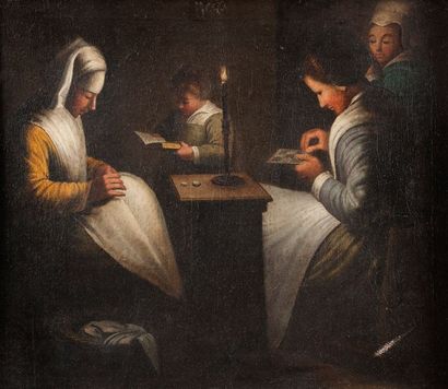 ECOLE FRANCAISE XIXème 
Veillée 
Huile sur toile
52 x 61 cm 
Réentoilée