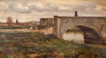 Emile MARTEL (XIX-XX) 
Promenade sur le pont 
Huile sur panneau, signée en bas à...