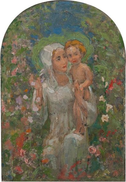Attribué à Witold WOJKIEWICZ (1879-1909) 
Vierge à l'enfant
Huile sur carton, portant...