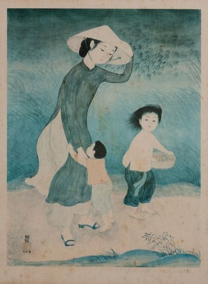 MAI trung THU (1906-1980) 
Jeune femme et ses enfants
Impression sur soie numérotée...