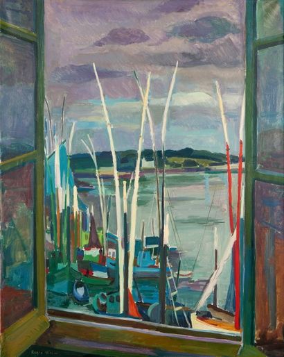 Roger WORMS (1907-1980) 
Fenêtre sur port
Huile sur toile, signée en bas à gauche,...