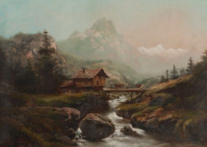 Théodore LEVIGNE (1848-1912) 
Paysage de montagne
Huile sur toile, signée en bas...