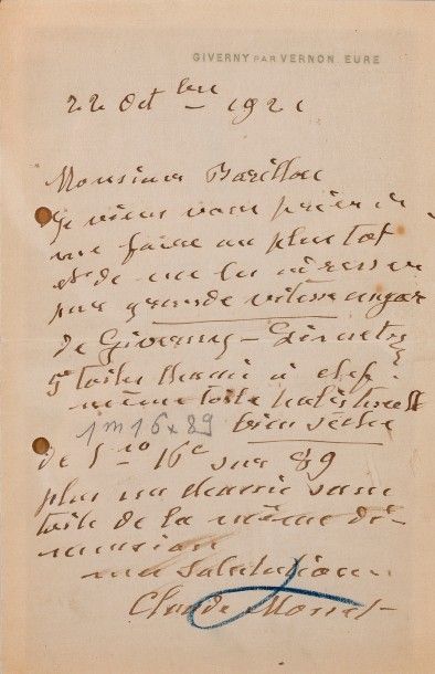Claude MONET. 1840-1926 Artiste peintre.
L.A.S. (à Monsieur Barillac). Giverny, 22...