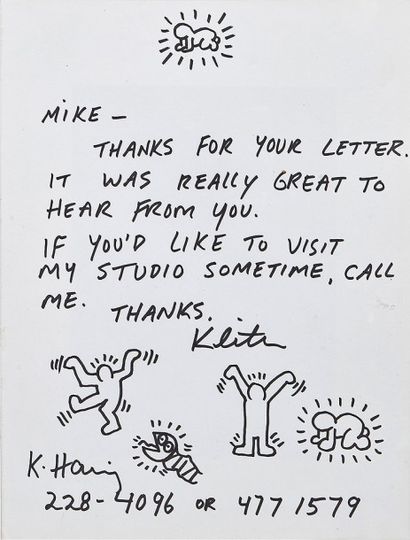 Keith Haring (1958-1990) Mot de remerciement
Marqueur noir sur papier
26,5 x 19 ...