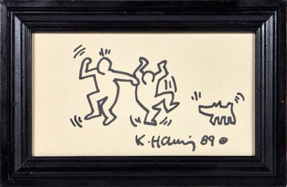Keith HARING (1958-1990) d'après Deux hommes dansants et un chien
Marqueur noir sur...