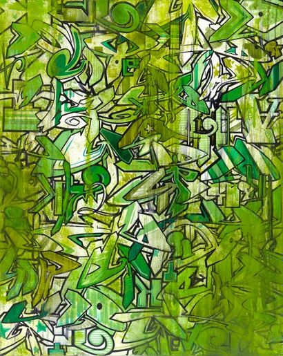 Takt (né en 1978) Green letterz, 2010
Aérosol, acrylique et marqueur sur toile, Signé...