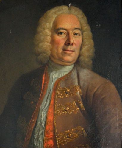 Attribué à Michel Hubert DESCOURS (1707-1775) 
Portrait d'homme en habit brun à brandebourg...