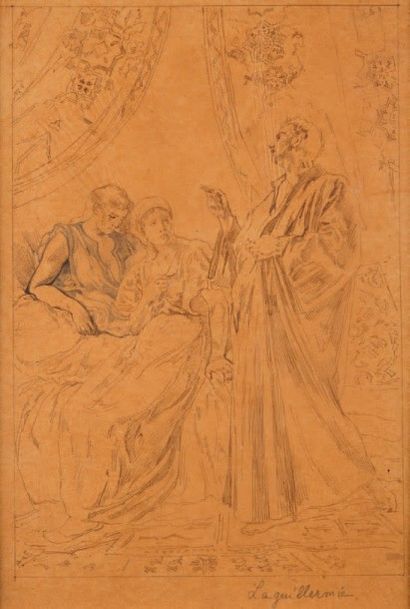Frédéric-Auguste LAGUILLERMIE (1841-1934) 
Scène d'intérieur avec trois personnages
Crayon,...